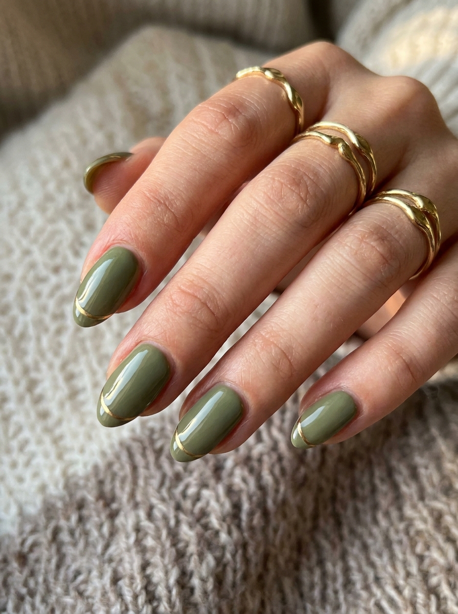 Olive Nails with Gold French Line als olivgrüne Herbstmaniküre 2026